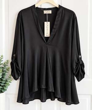 Sofia Black V-Neck Long Sleeve Tunic Top Made in Italy